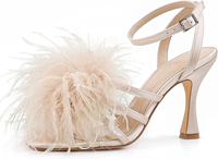 Élégantes sandales à talons ouverts avec plumes moelleuses et bride de cheville réglable pour mariage, rendez-vous et soirée