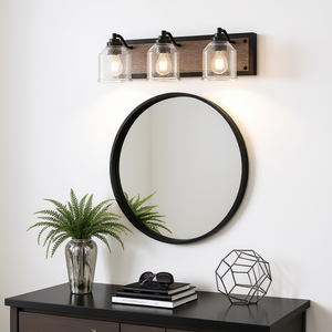 Applique murale de salle de bain industrielle moderne à 3 lumières, finition grain de bois noir, abat-jour en verre grainé transparent, lumière blanc chaud - Product Image 2