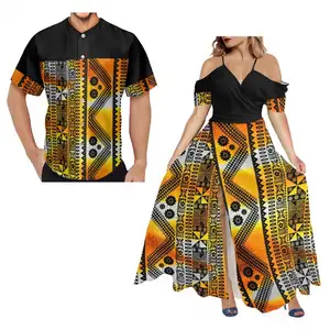 Artı boyutu kayma Maxi elbise beyzbol üniforma ceket balo çiftler eşleştirme giyim iki adet Set polinezya Tribal Samoan özel