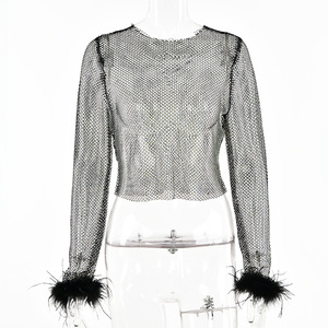 Camiseta de malla para mujer, manga larga, cuello redondo, top corto con pedrería, color sólido, top de punto transpirable para la moda de verano - Product Image 5