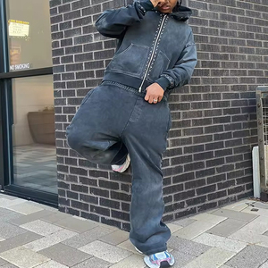 Custom Street Vintage Acid Wash 100% Cotton Hoodie Sets <b>Rhinestone</b> Streetwear Tracksuit For Men - Product Image 5