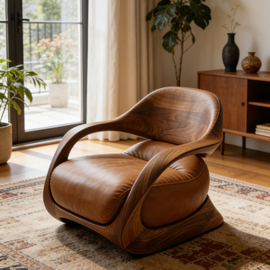 Sillón Individual de Estilo Moderno de Mediados de Siglo, Cojín de Cuero, Muebles Personalizables para Sala de Estar - Product Image 4