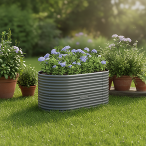 Jardinera elevada de acero con recubrimiento en polvo gris de 59.8x31.5x26.8 pulgadas, macetas elípticas para plantar en el jardín - Product Image 2