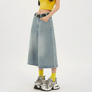 Custom Vintage <b>Y2K</b> Women High Waist 3/4 Baggy Wide Leg Denim <b>Pants</b> Summer Loose Elastic Drawstring Waist Streetwear Denim Shorts - Product Image 2
