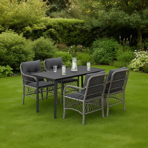 Set da Pranzo da Giardino in Rattan Grigio Scuro per 4 Persone, Resistente alle Intemperie, Arredamento da Esterno in Stile Contemporaneo - Product Image 2