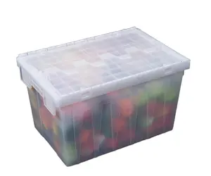 Heavy Duty Transparent Plastic Crates Attached Lid Container Plastic Moving Crate Storage Tote Box