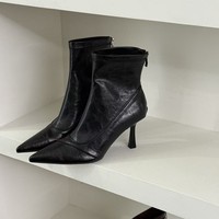 Bottines à talons aiguilles à bout pointu de style français pour femmes, automne-hiver, cuir marron, fermeture éclair, talons hauts, coupe ajustée