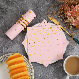 Disposable Gold Star Printed Square Paper Napkins 250mm Pink For Birthday Parties And Events - Product Image 2