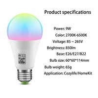 Ampoule connectée WiFi SIXWGH 9W HomeKit à changement de couleur, 16 millions de couleurs, blanc réglable (2700K-6500K), compatible avec Alexa/Google Home APP