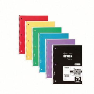 Cuadernos Espirales Personalizados, Paquete de 24, 1 Asignatura, Rayado Ancho, 70 Hojas, 7.5" X 10.5", Colores Surtidos para la Escuela o la Oficina - Product Image 1