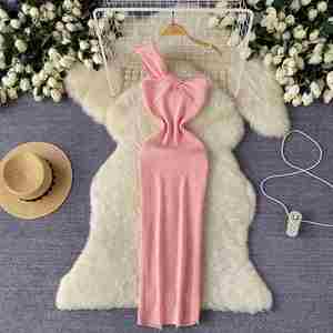 Vestido maxi casual de verano Y2K con abertura asimétrica, de punto, ecológico, transpirable, acrílico, corte A, para mujer, con cintura natural y encaje. - Product Image 5