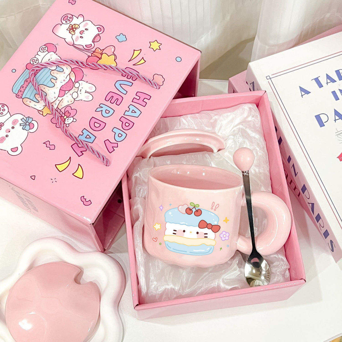 เบอร์เกอร์สีชมพู ที่เปิดกระป๋องรูปแมว ช้อน กล่องของขวัญ