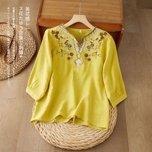 Pink Cotton Linen Embroidered V-Neck Loose Mid-Sleeve Blouse For Women Casual Everyday Wear - Product Image 4
