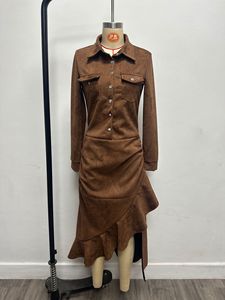 Vestido Camisero para Mujer - Cierre de Botones, Fruncido, Volantes, Corte Asimétrico, Maxi, Ropa de Mujer, Vestidos de Moda - Product Image 4