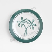 Ensemble d'assiettes à salade en porcelaine fine de style méditerranéen - Motif palmier vert, bordure inspirée du peuplier - Compatible lave-vaisselle, durable pour la maison