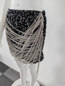 A11618 Women's Sparkly Rhinestone Chain Mini <strong>Skirt</strong>, High Waist Asymmetrical Tassel <strong>Wrap</strong> <strong>Skirt</strong> for Party Clubwear - Product Image 5