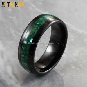 แหวนแต่งงานทังสเตนสีดำแบบฝังฝังสำหรับผู้ชายผู้หญิง8มม. เปลือกหอยเป๋าฮื้อและวัสดุเรืองแสงสีเขียวเรืองแสง
