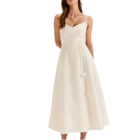 Robe midi décontractée en lin blanc crème pour femme, à bretelles spaghetti, col en V, avec cordon de serrage à la taille et franges, idéale pour la plage, vente en gros