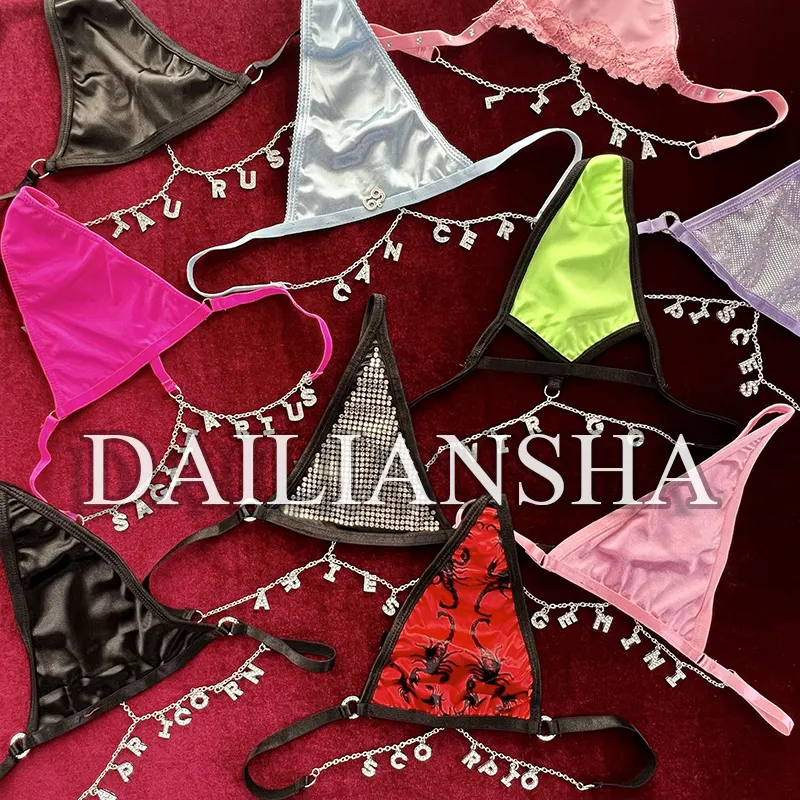 Zodiac Thong with Chain Rhinestone Letter Women Lace Thong Panty Sexy Lingerie Cotton Zodiac Panty Underwear