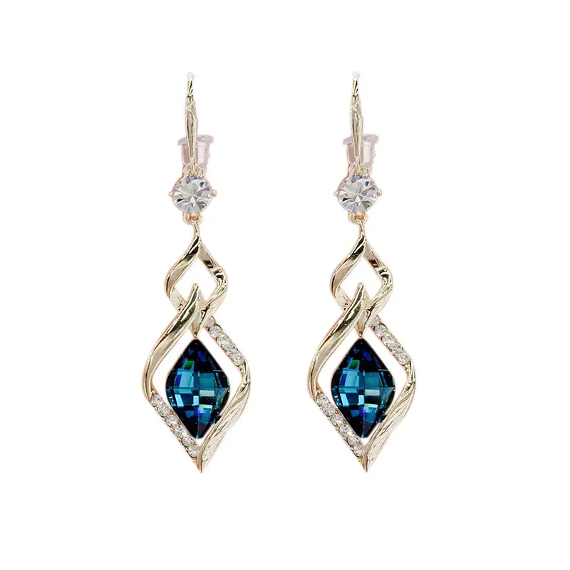 New Korean Trendy Blue Geometric Exaggerated Temperament 925 Silver Needle Rhinestone Long Jewelry Earrings