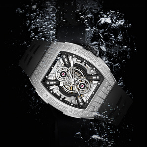 Reloj Automático de Lujo con Esqueleto y Logotipo Personalizado OEM para Hombre, Caja Tonneau con Diamantes, Cristal de Zafiro, Correa de Silicona Azul, Reloj Mecánico de Pulsera - Product Image 3
