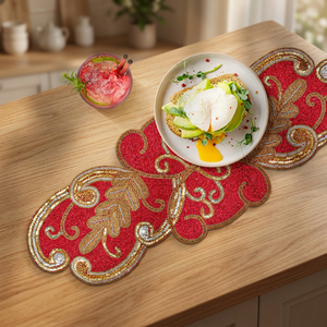 Camino de Mesa Rojo Bordado con Patrón de Hojas Doradas para Decoración del Hogar - Product Image 5