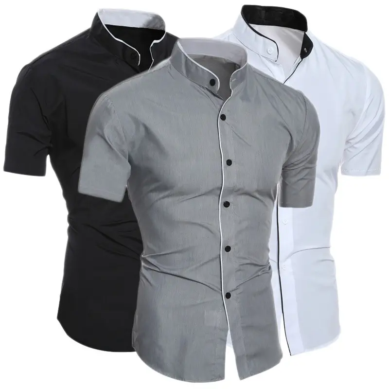 Plus Size Hochwertiges einfarbiges Slim Fit Shirt Herren Sommer Casual Button Kurzarm Outdoor Bequeme Stehkragen Shirts