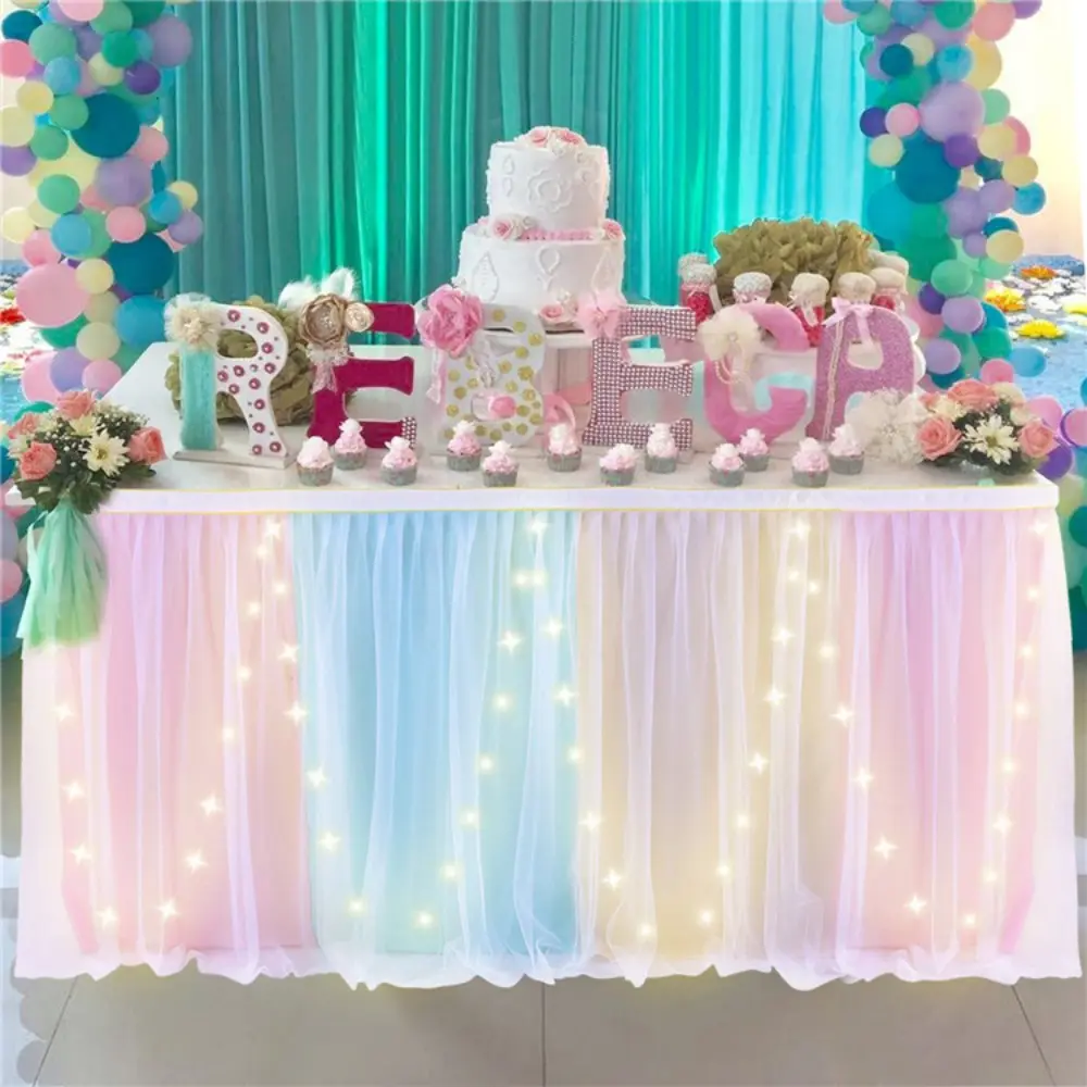 Chiffon Matching Table Skirt 6ft Turquoise Ruffled Party Wedding Birthday Rectangle Rainbow Ruffled Table Skirt With Led Lights