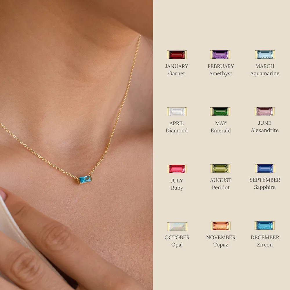 Stainless Steel Waterproof High Quality 18K Gold Dainty Baguette Birthstone CZ Gemstone Charm Necklace For Woman Girls Gift