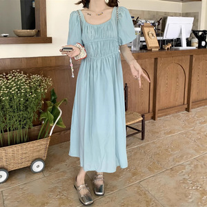 French Style Square Neck <b>Dress</b> <b>Elastic</b> Waist Solid Color Blue Burgundy Long Casual <b>Dress</b> Daily Wear - Product Image 4