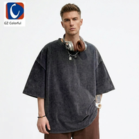 T-shirt personnalisé style rétro délavé à l'acide, 100% coton, coupe courte, noir uni, coupe oversize, tissu épais