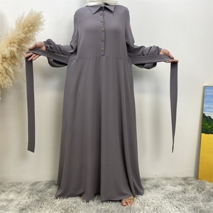 6771# New Bubble Chiffon Dress Shirt Collar Half Front Buttons Belt Sew With Side Together Side Pockets Fashion Eid Abaya Dress - Product Image 3