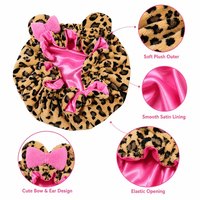 Topi kupluk bulu domba motif/desain leopard bulu polar musim dingin dengan telinga beruang lucu, kancing tertutup, dapat disesuaikan, untuk bersepeda dan bepergian (grosir)