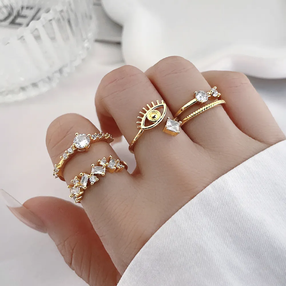 2023 Various Evil eyes square simple thin geometric stackable 18k gold plated zirconia women rings