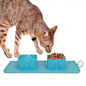 带两个宠物碗的防滑硅胶垫可折叠狗食碗食物碗用于旅行