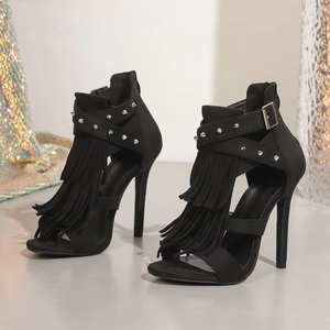 Nouvelles sandales sexy en daim à talon fin de 11 cm pour femme, style européen et américain, avec pompons et rivets, bout ouvert, collection été 2026 - Product Image 4