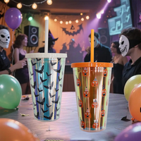 Gobelet réutilisable de 450 ml sur le thème d'Halloween avec couvercle et paille, en plastique de qualité alimentaire sans BPA, pour les fêtes