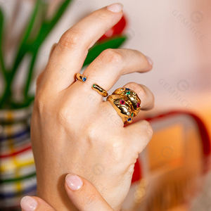 Anello Aperto Impilabile Gemnel Design Moderno in Argento Sterling 925 Placcato Oro 18K con Zirconi Cubici Blu e Verdi - Product Image 3