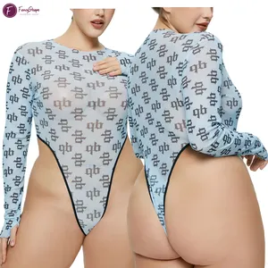 Print Long Sleeve Bodysuit for Women Mesh Bodysuit Top Sheer Cutout Waist Leotards S-XXL