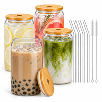 Lot de 4 verres réutilisables transparents sans BPA de 47 cl avec couvercles en bambou minimalistes, pailles et brosses de nettoyage – Personnalisation du logo, vente en gros, compatibles lave-vaisselle