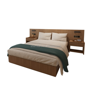 Ensemble de meubles de chambre d'hôtel en mélamine, style minimaliste et abordable, avec lit plateforme King, Queen ou Double, tête de lit intégrée et table de chevet - Product Image 1