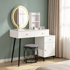 Modern Minimalist Solid Wood Makeup <b>Vanity</b> Lighted Oval Mirror Storage Drawers Stool Dressing <b>Table</b> White Customizable Design - Product Image 2