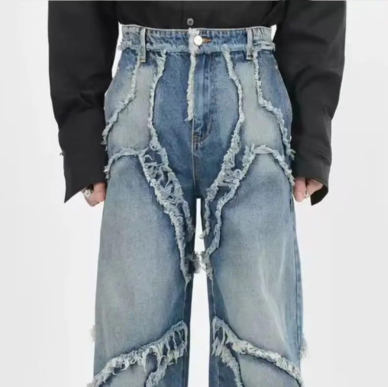 Coton Hip Hop hommes Streetwear déconstruit robuste lavé en détresse jean taille haute soleil délavé lavage jambe droite jean