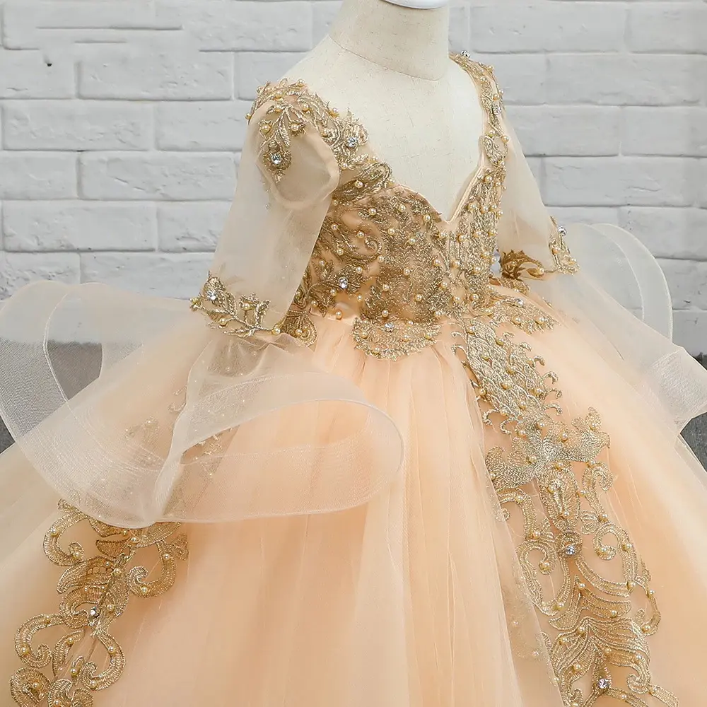 Avrupa ve amerikan kız aplike Tutu inci Glitter lüks performans ziyafet kostüm çocuk balo elbise