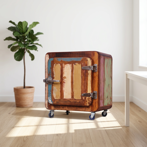 Vintage Fridge Shape Storage Bedside <b>Table</b> on <b>Wheels</b> <b>with</b> Antique Door Multipurposes For Living Room Hotels Indian Furnitures - Product Image 4