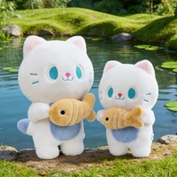 Peluche chat porte-bonheur mignon avec poisson, en polyester et coton PP, coussin compagnon pour enfants, cadeau de mariage, vente en gros pour l'exportation