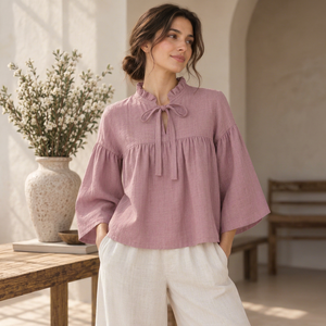 Chemisiers d'été en coton de haute qualité pour femmes, décontractés, à volants, avec nœud papillon, manches trois quarts, coupe ample, chic et bohème - Product Image 1