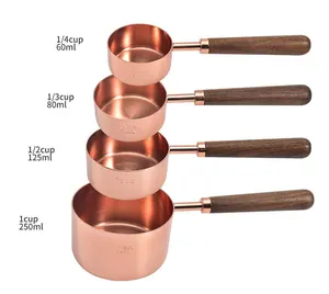 Stainless Steel Measuring Cups & Spoons Engraved Measurements Heavy Duty Rose Gold 4PCS Measuring Cups Set with Walnut Handle