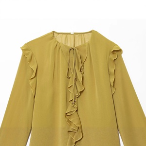 Camicetta da <span class=keywords><strong>donna</strong></span> in chiffon giallo <span class=keywords><strong>senape</strong></span> con collo allacciato, bordo arricciato, maniche lunghe a lanterna, elegante e casual - Product Image 3