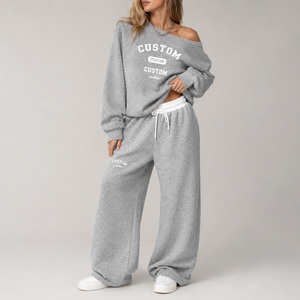 <span class=keywords><strong>Tuta</strong></span> da <span class=keywords><strong>Donna</strong></span> Personalizzata in Cotone 100% con Felpa Oversize a Spalle Scoperte e <span class=keywords><strong>Pantaloni</strong></span> Larghi, Set Casual Streetwear da <span class=keywords><strong>Donna</strong></span> - Product Image 1